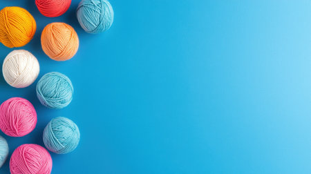 A vibrant collection of colorful yarn balls arranged aesthetically on a bright blue background, perfect for showcasing creativity and crafting inspiration.の素材