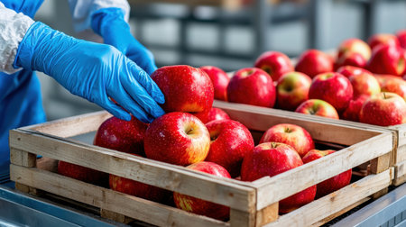 A close-up view of a worker in gloves handling fresh red apples in a packing facility, showcasing the importance of care and hygiene in food processing.の素材