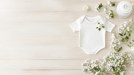 A serene flat lay image featuring a baby bodysuit surrounded by white flowers on a light wooden background, perfect for showcasing newborn clothing styles.の素材