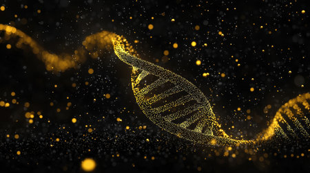 A captivating image of a golden DNA strand surrounded by shimmering particles. Ideal for themes of science, innovation, and the mysteries of genetics.の素材