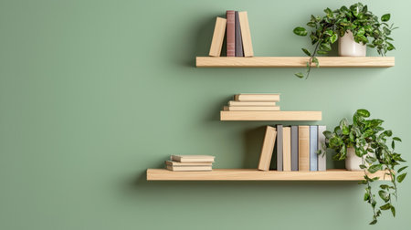 This image features a modern shelving unit adorned with books and lush green plants. The stylish arrangement adds a calming touch to any interior space.の素材