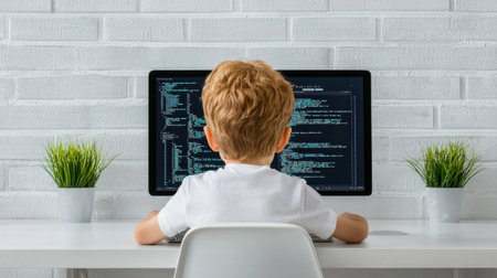 A young child is engaged in coding on a computer in a modern workspace. Two green plants adorn the desk, enhancing the learning environment and creativity.の素材