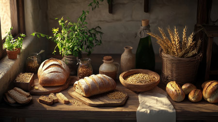 A charming rustic display of freshly baked bread on a wooden table with grains, jars, and herbs, capturing the essence of homemade goodness and natural ingredients.の素材