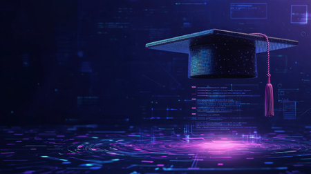 A captivating digital graduation cap with neon effects, symbolizing achievement and success in a futuristic setting. Perfect for education themes.の素材