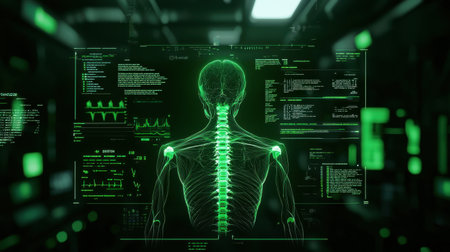 Explore a captivating digital representation of a human spine, illuminated in vibrant neon green, showcasing advanced technology in medical visualization.の素材