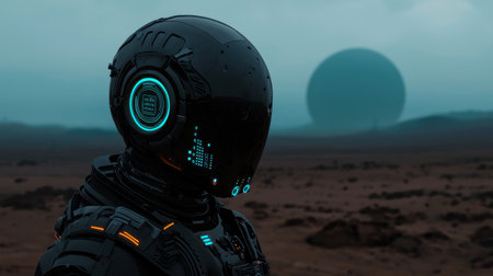 A solitary astronaut stands on a barren alien desert, featuring a high-tech helmet glowing with light against a mysterious planet looming in the background.の素材