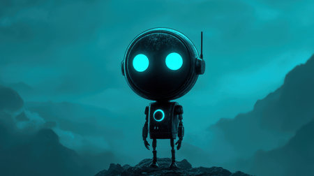 A charming robot character stands alone in a moody, futuristic landscape. The glowing blue eyes and minimal design create an imaginative atmosphere, inviting exploration and creativity.の素材