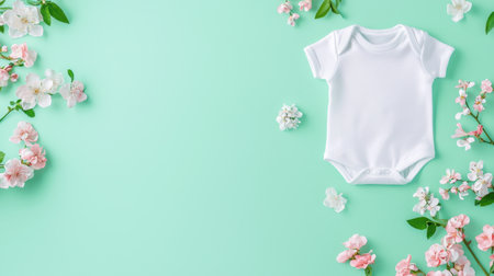 A cute baby onesie on a mint green background, elegantly surrounded by delicate flowers, perfect for spring-themed designs and infant apparel presentations.の素材