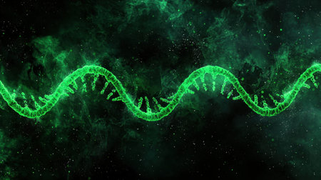A futuristic green DNA helix floats in a cosmic space filled with stars and nebulae. This captivating image symbolizes the essence of life and scientific discovery.の素材