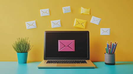 Illustration of a simple email list interface on a laptop, with a geometric envelope symbolizing communication efficiency.の素材