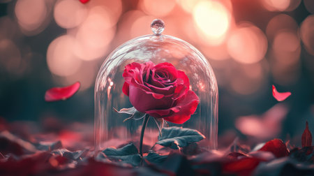 An enchanted rose slowly losing its petals inside a glass dome, captured in a macro shot, creating a mystical and delicate scene.の素材