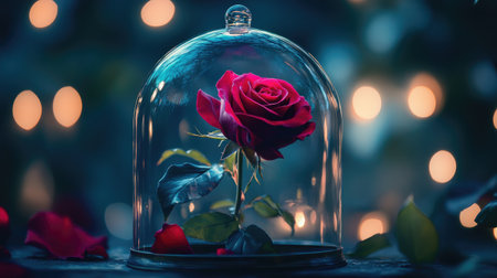 An enchanted rose slowly losing its petals inside a glass dome, captured in a macro shot, creating a mystical and delicate scene.の素材