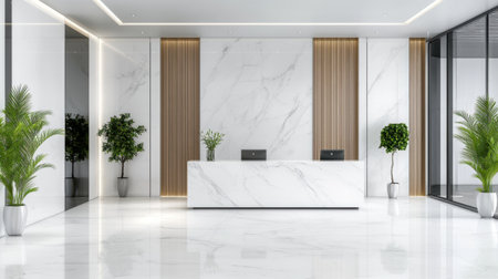 A sleek and modern reception area featuring a white marble desk, green plants, and large windows, creating a bright and inviting professional space.の素材
