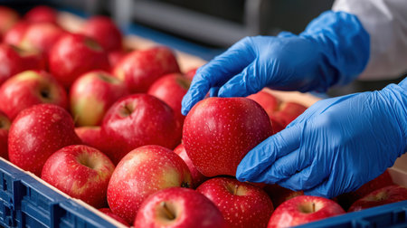 A worker in blue gloves carefully handles fresh red apples in a crate, showcasing meticulous care and hygiene in food handling practices. The vibrant fruit is ready for market.の素材