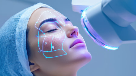 A professional woman is undergoing a facial treatment using advanced technology. The serene environment emphasizes health and skincare, capturing the essence of modern aesthetic procedures.の素材