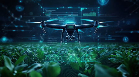 A drone hovers above a lush agricultural field, showcasing advanced technology and data analytics. This image highlights the intersection of farming and innovation, emphasizing precision agriculture.の素材