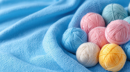 A vibrant arrangement of yarn balls in pastel colors resting on soft blue fabric. Perfect for crafting projects or as a decorative element in creative settings.の素材
