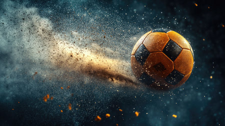 A football in mid-flight, moving at high velocity with particles and dust swirling around it, set against a dramatic dark backdrop.の素材