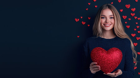A joyful young woman holds a glittery red heart, surrounded by shimmering heart shapes on a dark background, embodying love and celebration.の素材