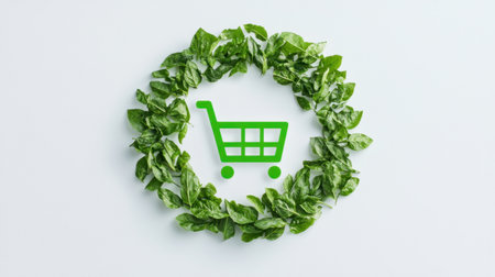 A vibrant green shopping cart icon enclosed by fresh leaves creates an eco-friendly symbol. The minimalist design highlights sustainability in commerce.の素材