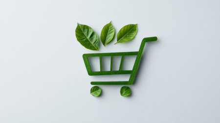 This image features a green shopping cart made of leaves, symbolizing an eco-friendly lifestyle. It represents sustainability and a connection to nature in modern consumer habits.の素材