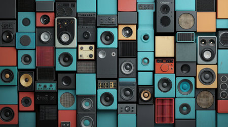 A captivating mosaic of vintage speakers showcasing diverse colors and designs, perfect for music enthusiasts and decor inspiration in auditory environments.の素材