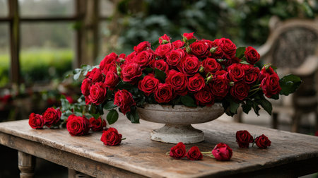 A stunning display of vibrant red roses arranged beautifully on a rustic wooden table. Perfect for capturing the essence of romance and elegance in any setting.の素材