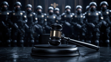 A dramatic scene capturing a gavel symbolizing justice, with armed officers arrayed in the background, highlighting the balance between authority and law at a court setting.の素材