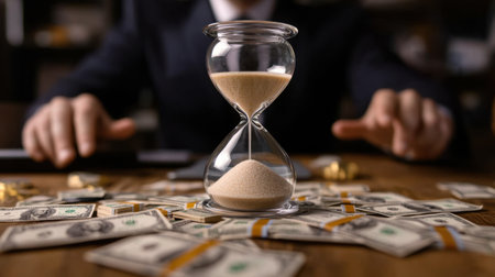 An hourglass filled with sand sits atop scattered dollar bills, symbolizing the critical relationship between time and effective financial management in business.の素材