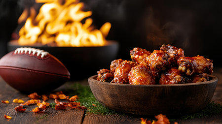 A mouthwatering display of spicy chicken wings in a wooden bowl, surrounded by flames and a football, perfect for game day or gatherings.の素材
