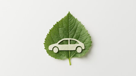 A creative representation of a car integrated with a green leaf, symbolizing the concept of eco-friendly transportation and sustainable living in modern society.の素材