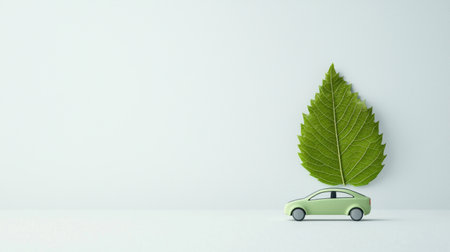 A minimalist representation of a small green car paired with a large leaf, illustrating the concept of sustainable transportation and eco-friendliness in modern design.の素材