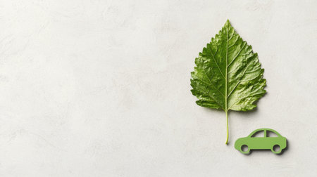 This illustration features a vibrant green leaf beside a car icon, symbolizing eco-friendly transportation and sustainable living. Perfect for environmental themes.の素材