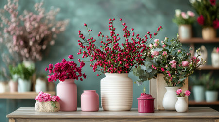 This stunning image features a variety of colorful flowers arranged in unique vases on a wooden table, creating a fresh and charming ambiance for any space.の素材