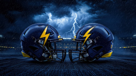 Two striking blue football helmets with bold lightning design face each other in a rain-soaked stadium, embodying energy and competitive spirit during a dramatic night.の素材