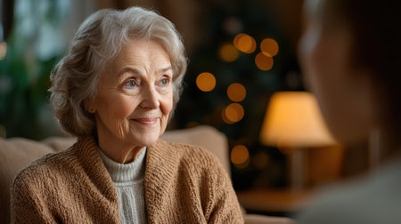 An elderly woman shares a warm smile with her caregiver in a cozy living room, creating a heartfelt moment filled with compassion and connection.の素材