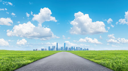 A picturesque view of lush green fields leading to a vibrant urban skyline, framed by a bright blue sky and fluffy clouds, capturing a serene and open atmosphere.の素材