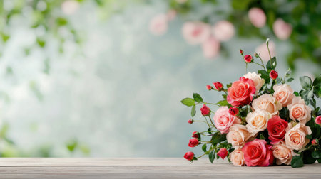 A stunning bouquet featuring pink and cream roses rests on a rustic wooden table, surrounded by a soft-focus green background, perfect for any floral-themed project.の素材