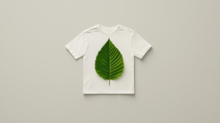 A simple white t-shirt showcases a large green leaf design, representing nature and sustainability. This stylish piece is perfect for casual wear.の素材