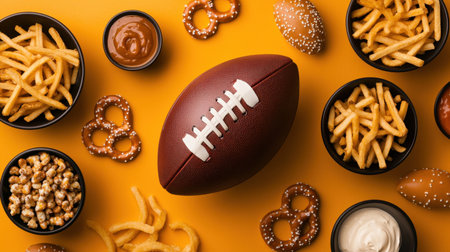 A vibrant arrangement of assorted snacks including fries, pretzels, and popcorn, with a football centerpiece on a bright yellow background, perfect for game day.の素材