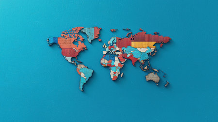 This vibrant abstract map showcases textured countries in bold colors against a teal background, representing global diversity and creativity in design.の素材