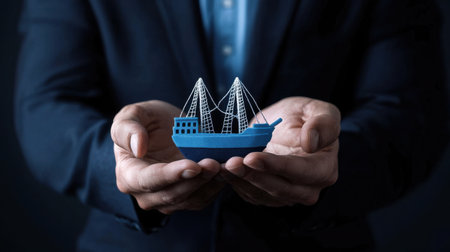 A businessman holds a miniature fishing boat in his hands, representing the journey toward success, growth, and strategic investment in various industries.の素材