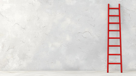 A bright red ladder stands against a smooth, plain wall, offering a minimalistic aesthetic perfect for interior design or construction themes.の素材