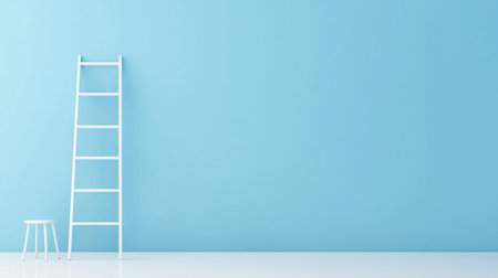 Bright and minimalist interior featuring a blue wall, a white ladder, and a stool. Ideal for creative and modern design projects, evoking simplicity and tranquility.の素材