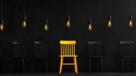 A bright yellow chair stands out among a row of black chairs in a minimalist studio. Unique lighting adds warmth to the stylish design, creating a striking ambiance.の素材