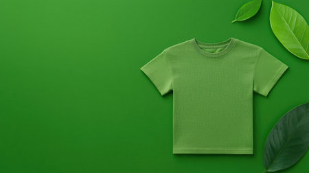 A vibrant green cotton t-shirt placed on a green backdrop with leaves, symbolizing eco-friendliness and relaxation. Perfect for casual wear and nature-themed projects.の素材