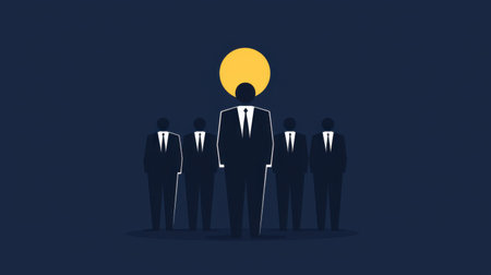 This illustration features a group of silhouetted business people with one individual standing prominently in front against a bright background. The image symbolizes leadership and teamwork.の素材
