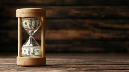 The image illustrates an hourglass filled with dollar bills, symbolizing the relationship between time and money. This visual emphasizes the importance of financial planning and efficiency.の素材