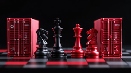 A visually captivating arrangement of chess pieces against striking red shipping containers, perfect for illustrating strategic competition and planning in games.の素材
