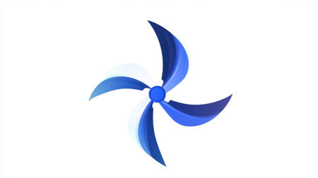 Minimalist turbine-inspired logo in blue, centered on a bright white background, embodying modern energy conceptsの素材